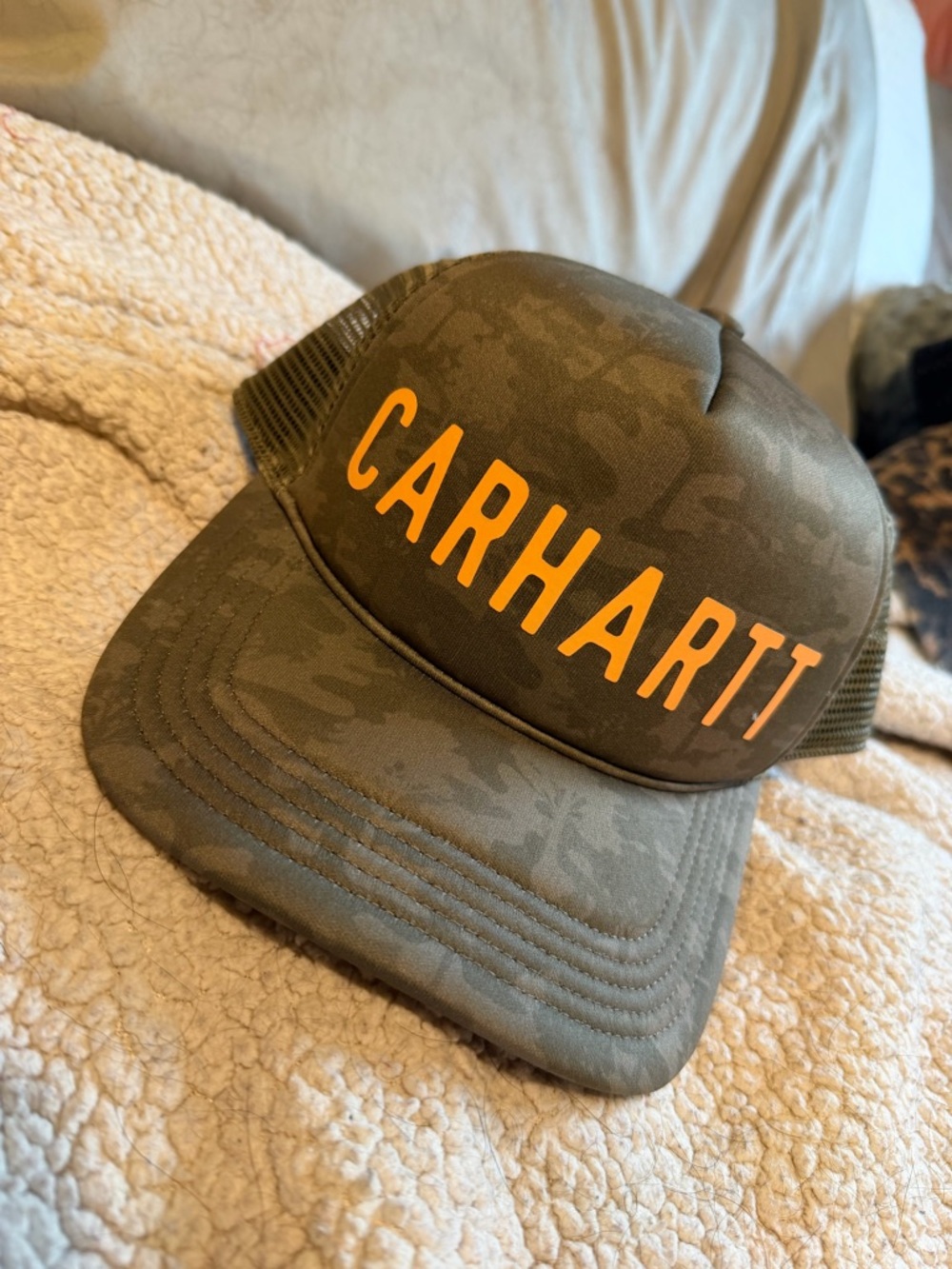 Carhartt Olive Camo Trucker Cap with Orange Logo